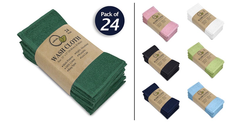 Softolle 100% Cotton Ring Spun Wash Cloths - Bulk Pack of Washcloths - 12x12 Inches - Wash Cloth for Face, Highly Absorbent, Soft and Face Towels (Dark Green, 24 Pack) - Image 2